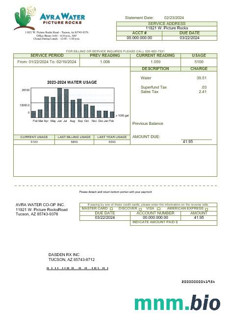 USA Arizona Avra Water rachunek za usługi komunalne szablon w formacie Word i PDF